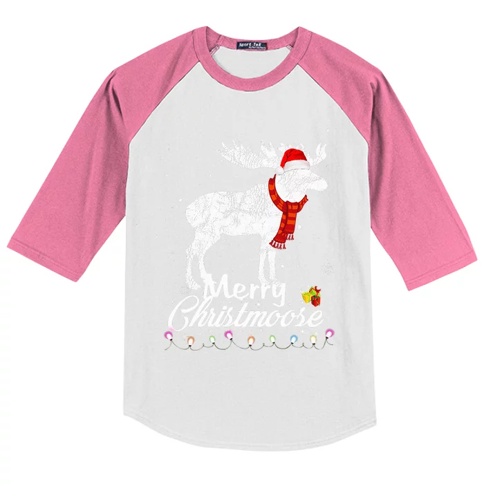 Merry Christmoose Lights Santa Hat Funny Christmas Moose Kids Colorblock Raglan Jersey