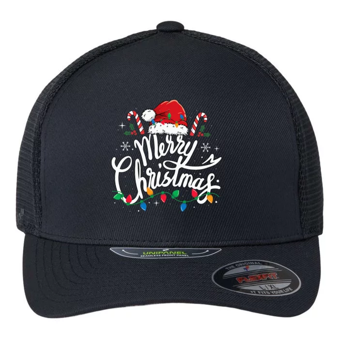 Merry Christmas Lights Red Santa Hat Xmas Family Flexfit Unipanel Trucker Cap