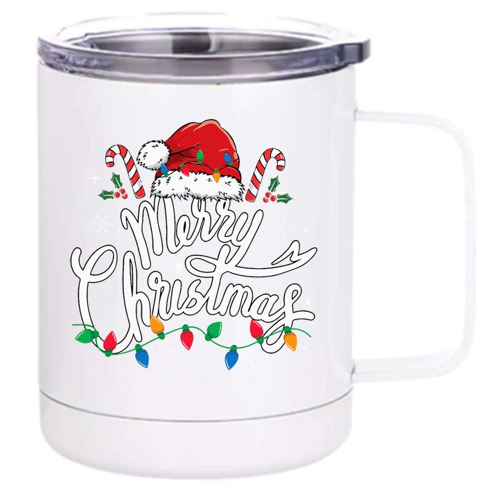 Merry Christmas Lights Red Santa Hat Xmas Family Front & Back 12oz Stainless Steel Tumbler Cup