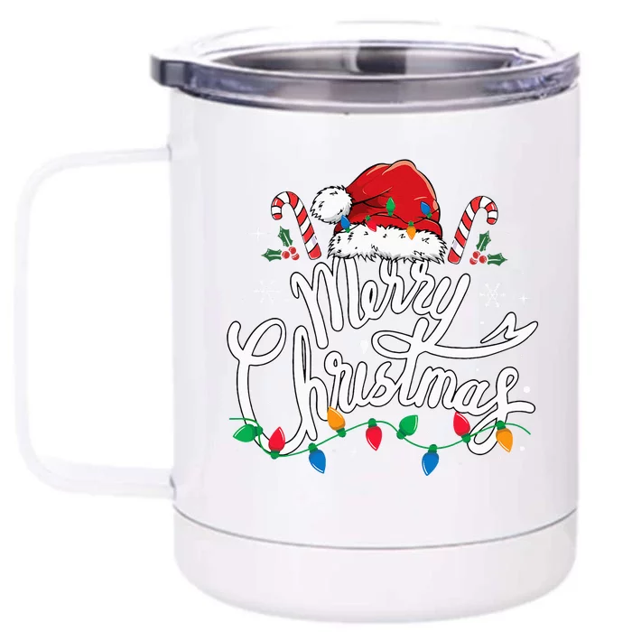 Merry Christmas Lights Red Santa Hat Xmas Family Front & Back 12oz Stainless Steel Tumbler Cup