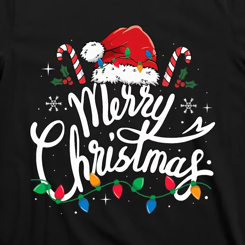 Merry Christmas Lights Red Santa Hat Xmas Family T-Shirt