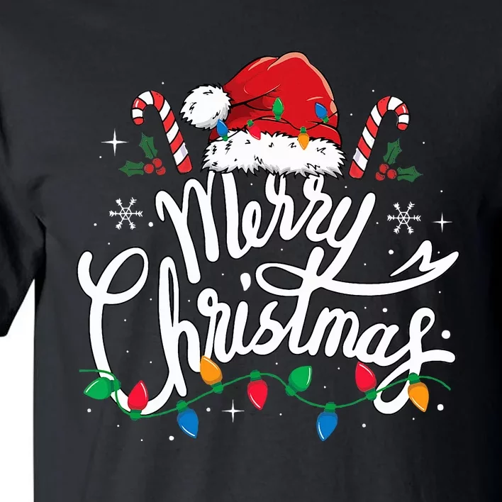 Merry Christmas Lights Red Santa Hat Xmas Family Tall T-Shirt