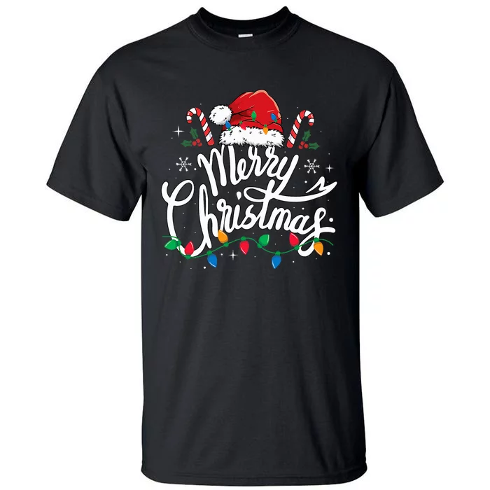 Merry Christmas Lights Red Santa Hat Xmas Family Tall T-Shirt