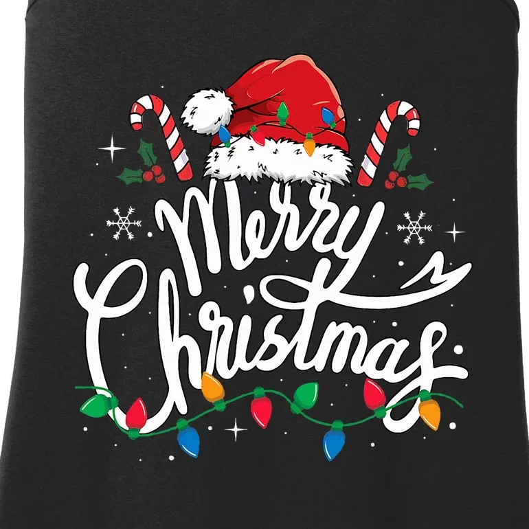 Merry Christmas Lights Red Santa Hat Xmas Family Ladies Essential Tank