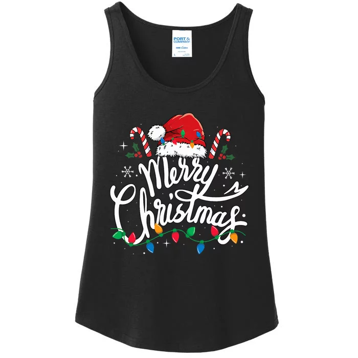 Merry Christmas Lights Red Santa Hat Xmas Family Ladies Essential Tank