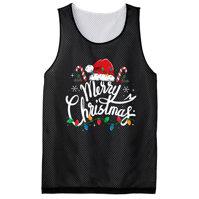 Merry Christmas Lights Red Santa Hat Xmas Family Mesh Reversible Basketball Jersey Tank