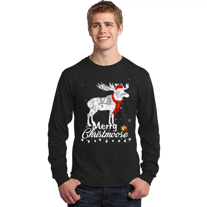 Merry Christmoose Lights Santa Hat Funny Christmas Moose Tall Long Sleeve T-Shirt