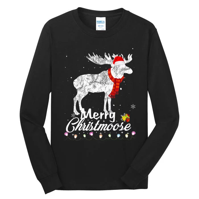 Merry Christmoose Lights Santa Hat Funny Christmas Moose Tall Long Sleeve T-Shirt