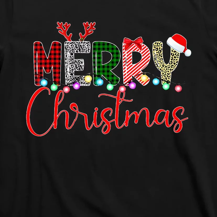 Merry Christmas Leopard Buffalo Red Plaid Santa Xmas T-Shirt