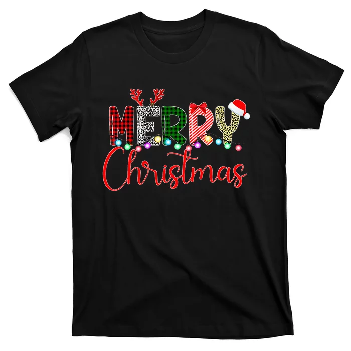 Merry Christmas Leopard Buffalo Red Plaid Santa Xmas T-Shirt