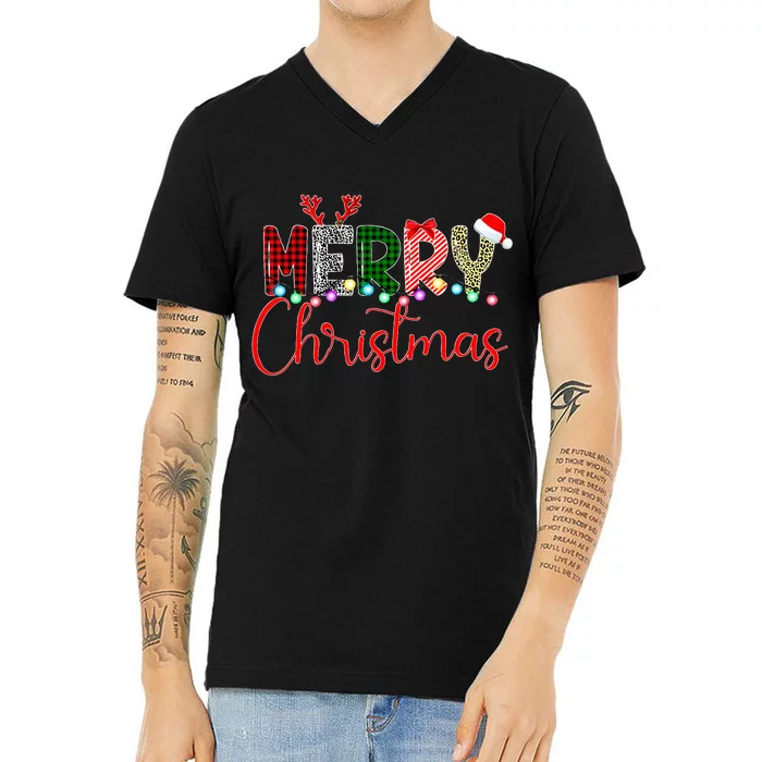 Merry Christmas Leopard Buffalo Red Plaid Santa Xmas V-Neck T-Shirt