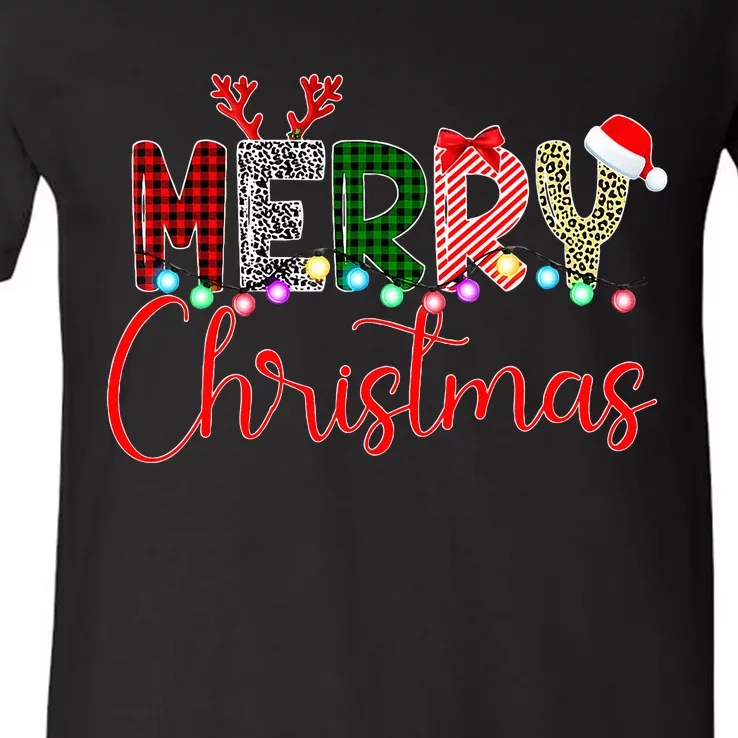 Merry Christmas Leopard Buffalo Red Plaid Santa Xmas V-Neck T-Shirt