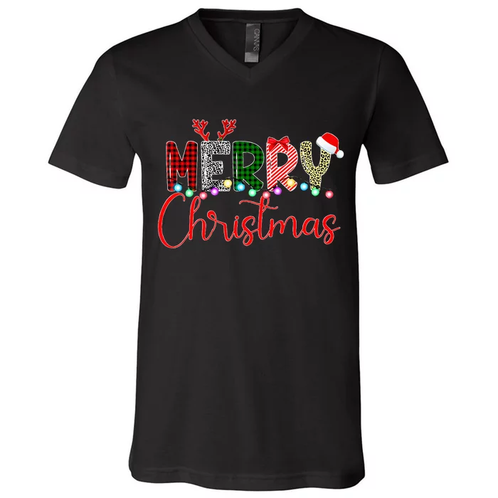 Merry Christmas Leopard Buffalo Red Plaid Santa Xmas V-Neck T-Shirt