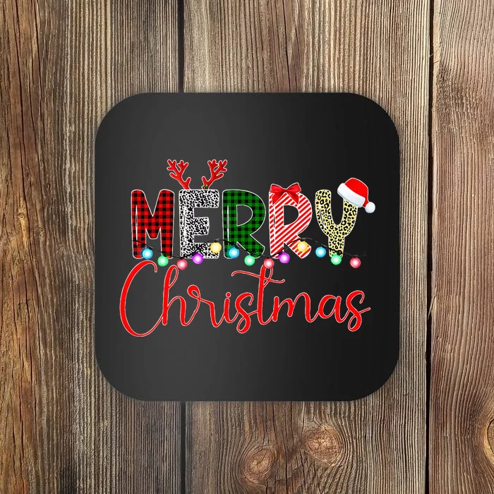 Merry Christmas Leopard Buffalo Red Plaid Santa Xmas Coaster