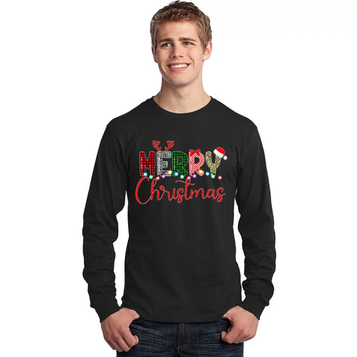 Merry Christmas Leopard Buffalo Red Plaid Santa Xmas Tall Long Sleeve T-Shirt