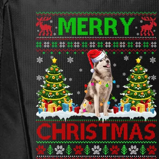 Merry Christmas Lighting Ugly Siberian Husky Xmas Sweater Gift City Backpack