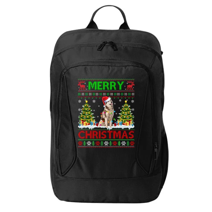 Merry Christmas Lighting Ugly Siberian Husky Xmas Sweater Gift City Backpack