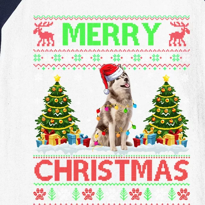 Merry Christmas Lighting Ugly Siberian Husky Xmas Sweater Gift Baseball Sleeve Shirt