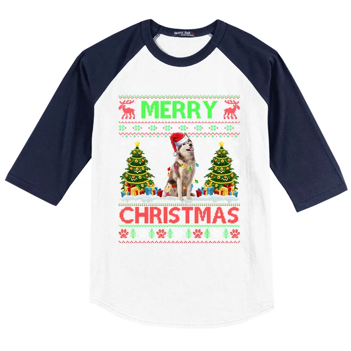 Merry Christmas Lighting Ugly Siberian Husky Xmas Sweater Gift Baseball Sleeve Shirt