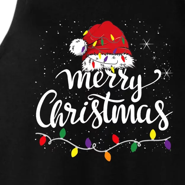 Merry Christmas Lights Red Santa Hat Xmas Family Ladies Tri-Blend Wicking Tank