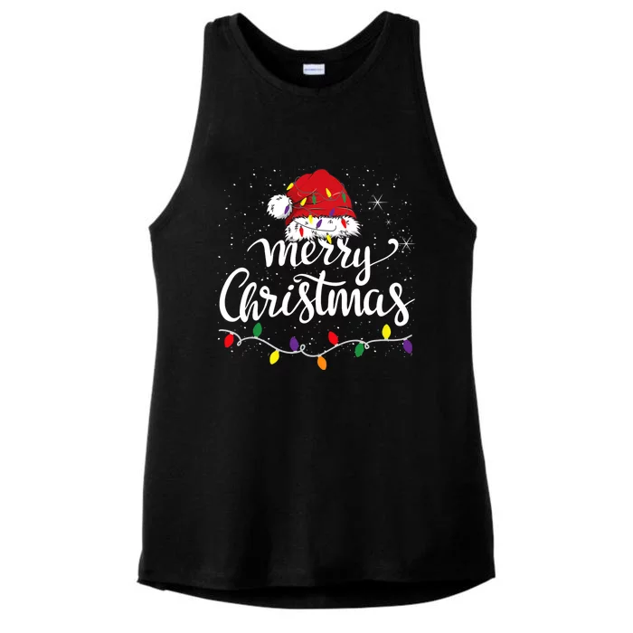 Merry Christmas Lights Red Santa Hat Xmas Family Ladies Tri-Blend Wicking Tank