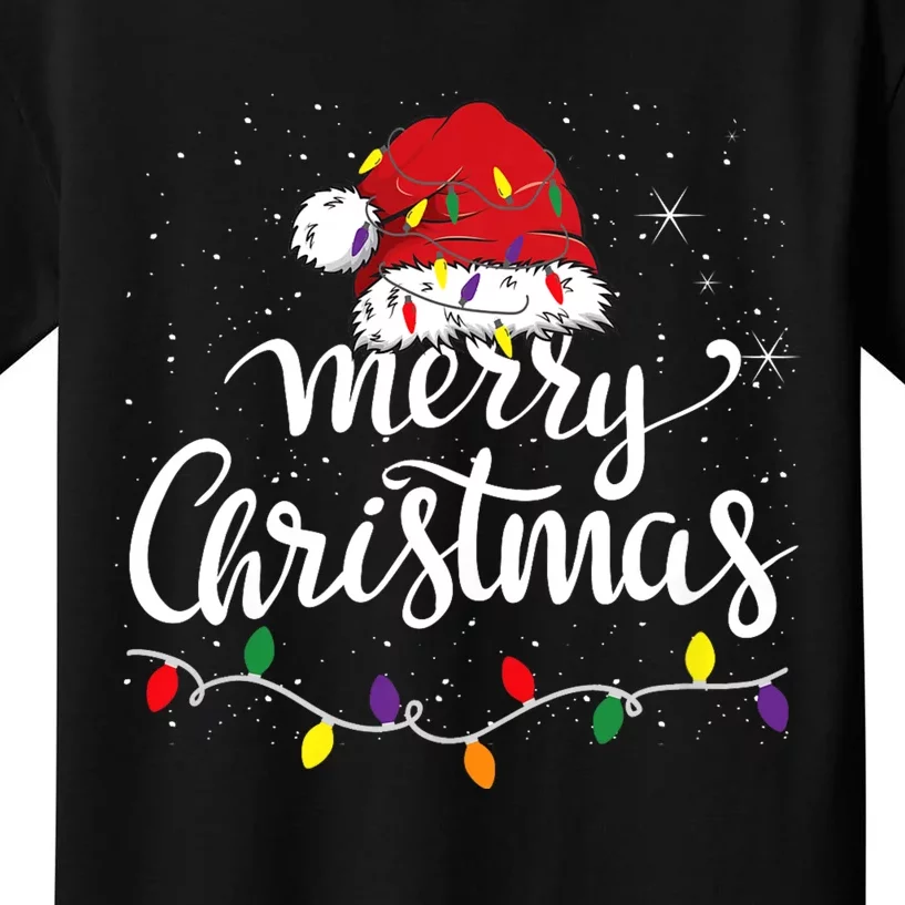 Merry Christmas Lights Red Santa Hat Xmas Family Kids T-Shirt