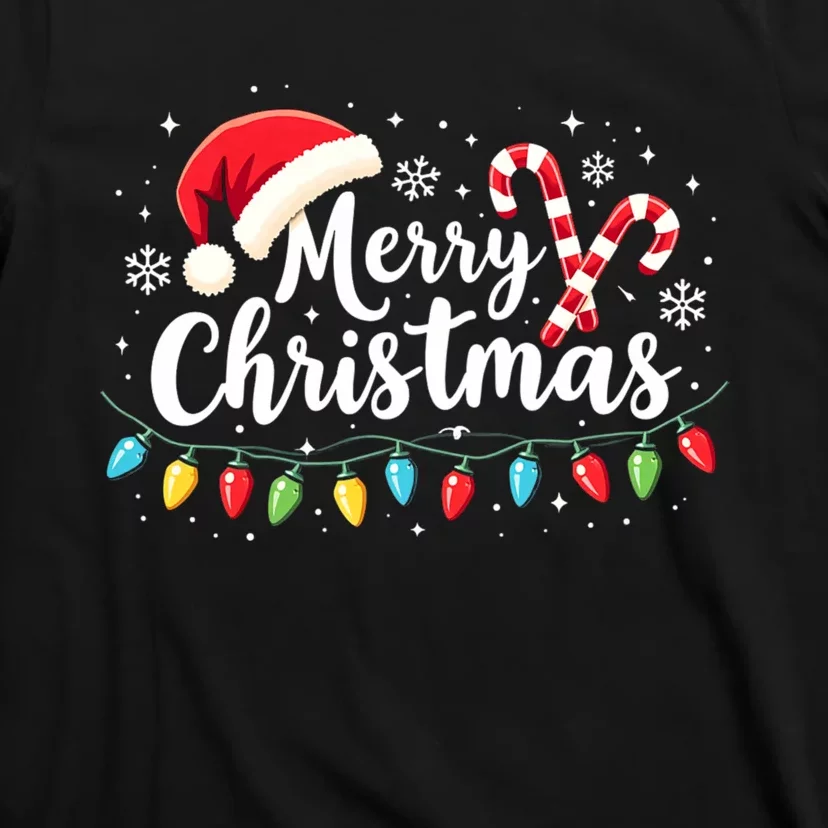 Merry Christmas Lights Red Santa Hat Xmas Family T-Shirt