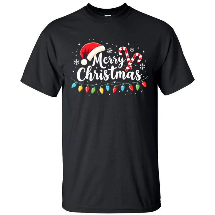 Merry Christmas Lights Red Santa Hat Xmas Family Tall T-Shirt