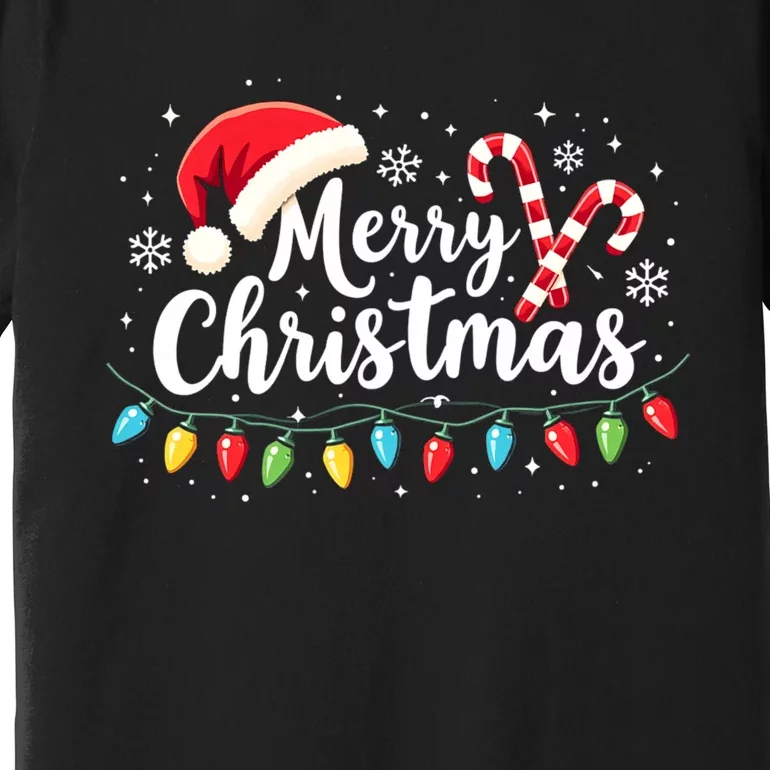 Merry Christmas Lights Red Santa Hat Xmas Family Premium T-Shirt