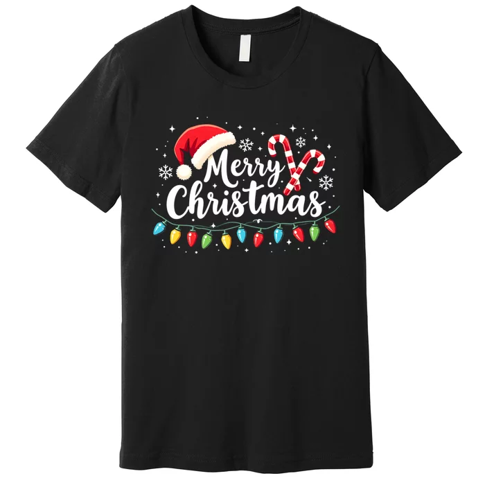 Merry Christmas Lights Red Santa Hat Xmas Family Premium T-Shirt