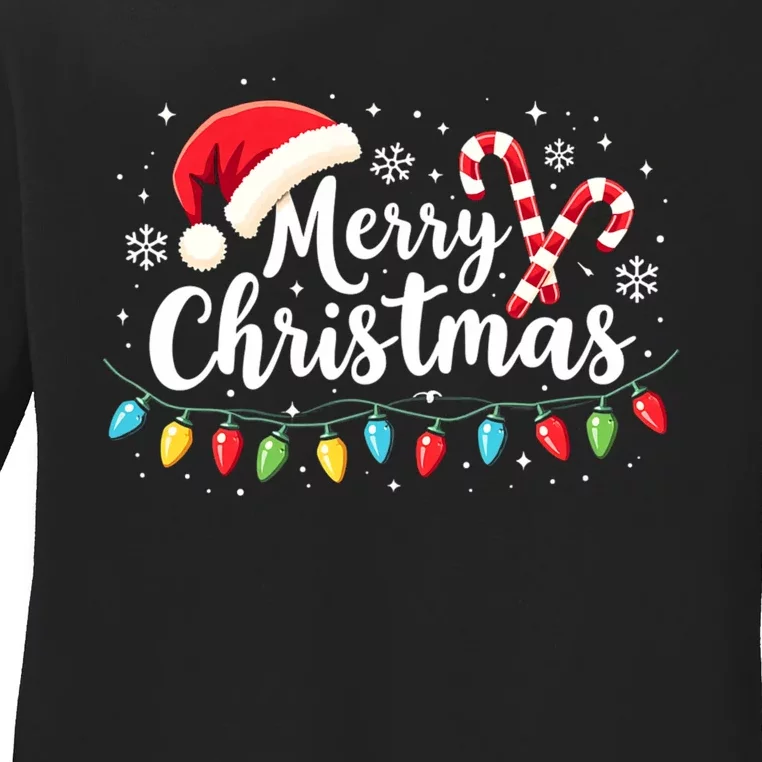 Merry Christmas Lights Red Santa Hat Xmas Family Ladies Long Sleeve Shirt