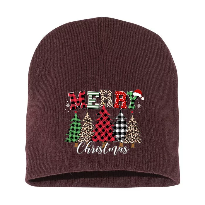 Merry Christmas Leopard Buffalo Red Plaid Short Acrylic Beanie