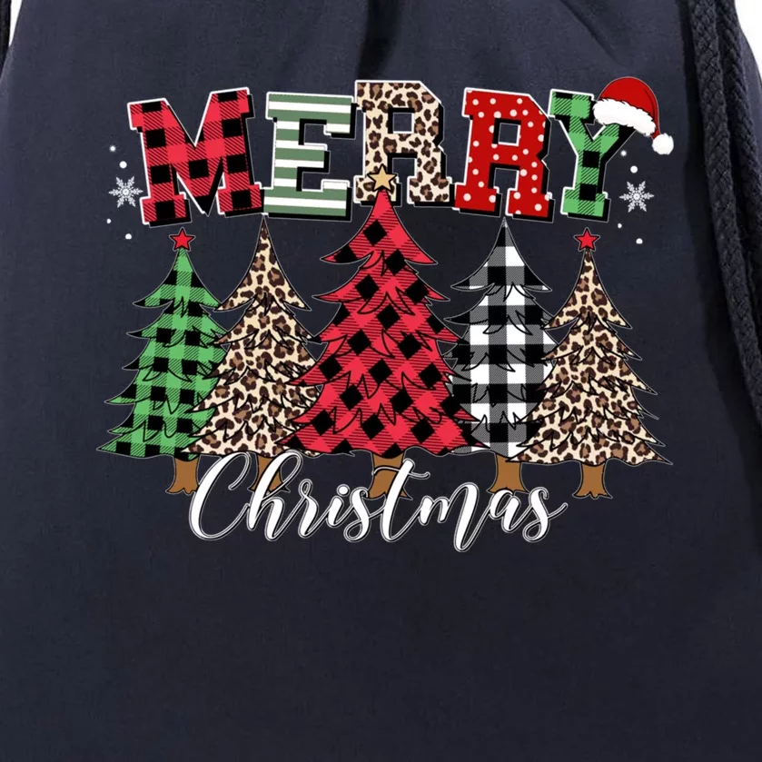 Merry Christmas Leopard Buffalo Red Plaid Drawstring Bag