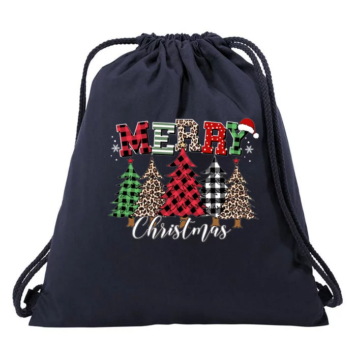 Merry Christmas Leopard Buffalo Red Plaid Drawstring Bag