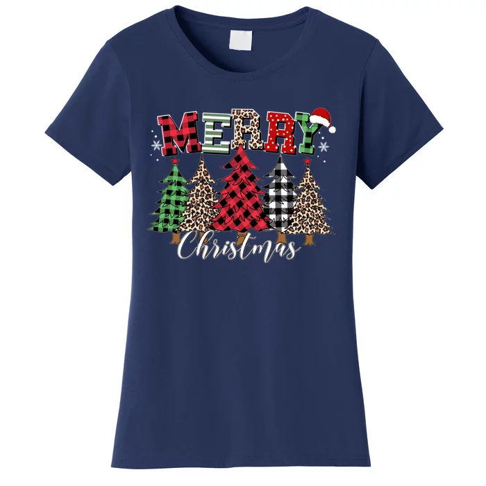 Merry Christmas Leopard Buffalo Red Plaid Women's T-Shirt