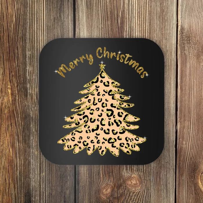 Merry Christmas Leopard Tree Holiday Coaster