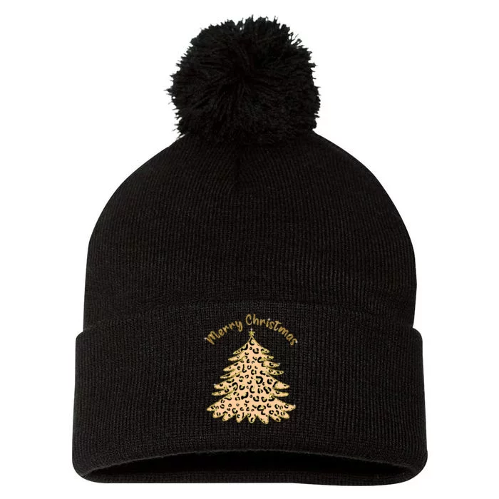 Merry Christmas Leopard Tree Holiday Pom Pom 12in Knit Beanie