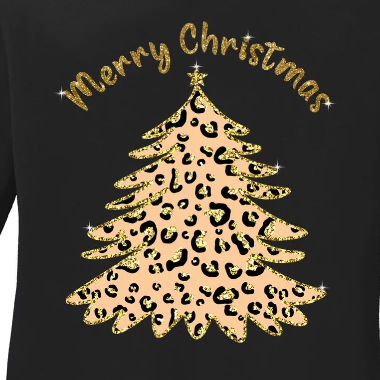 Merry Christmas Leopard Tree Holiday Ladies Long Sleeve Shirt