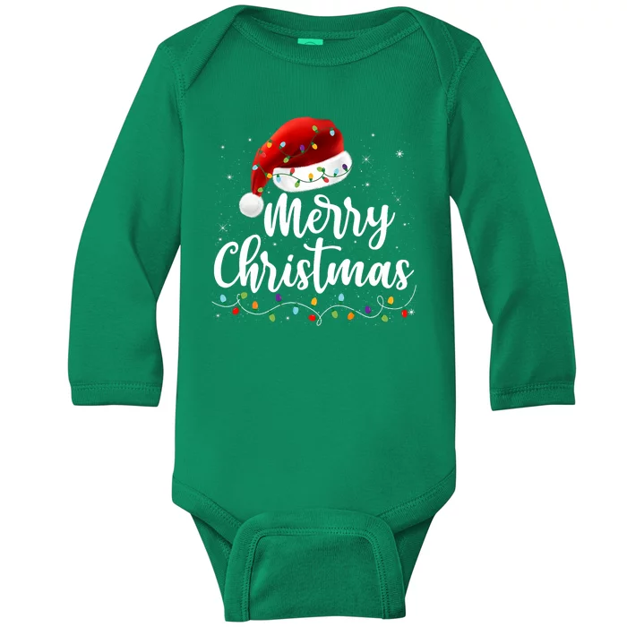 Merry Christmas Lights Red Santa Hat Xmas Family Baby Long Sleeve Bodysuit