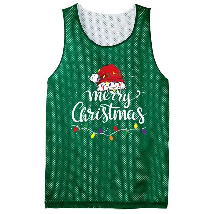 Merry Christmas Lights Red Santa Hat Xmas Family Mesh Reversible Basketball Jersey Tank