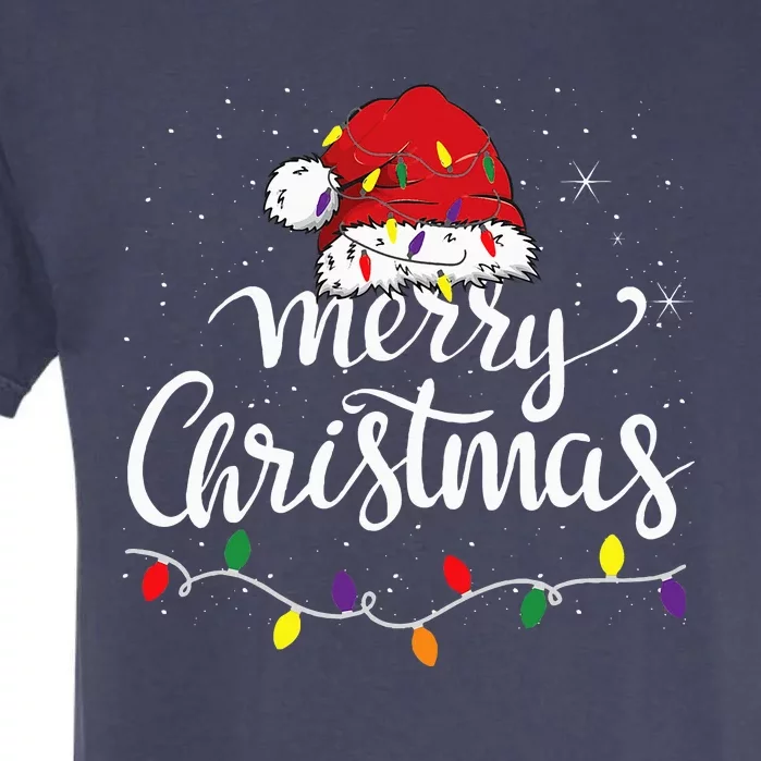 Merry Christmas Lights Red Santa Hat Xmas Family Garment-Dyed Heavyweight T-Shirt