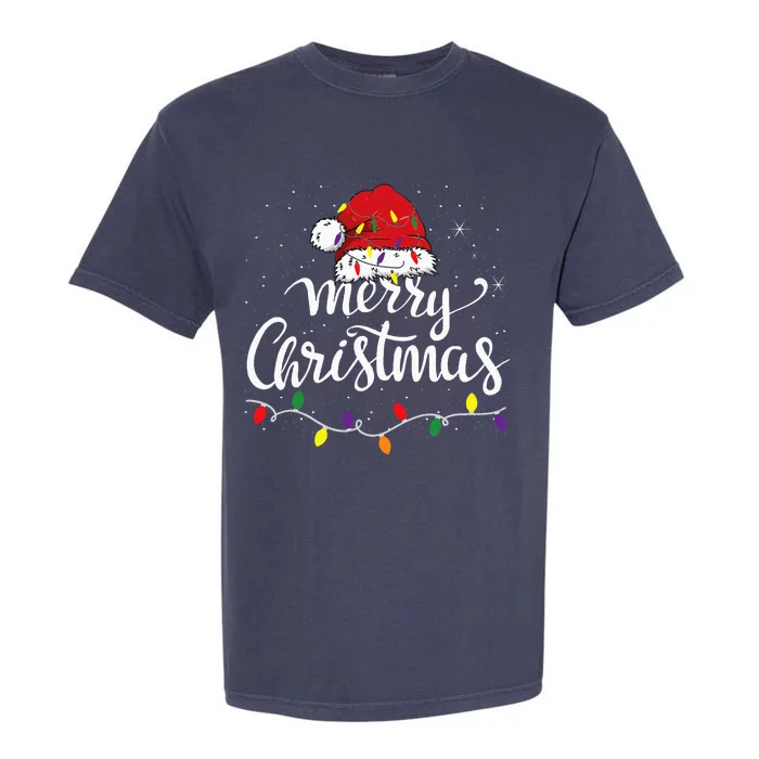 Merry Christmas Lights Red Santa Hat Xmas Family Garment-Dyed Heavyweight T-Shirt