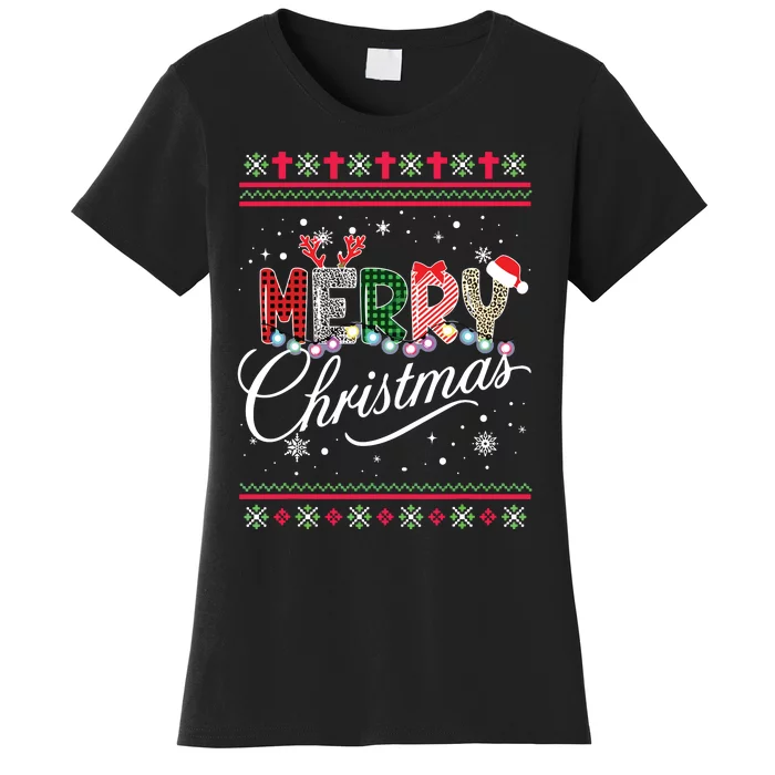 Merry Christmas Leopard Buffalo Red Plaid Women's T-Shirt