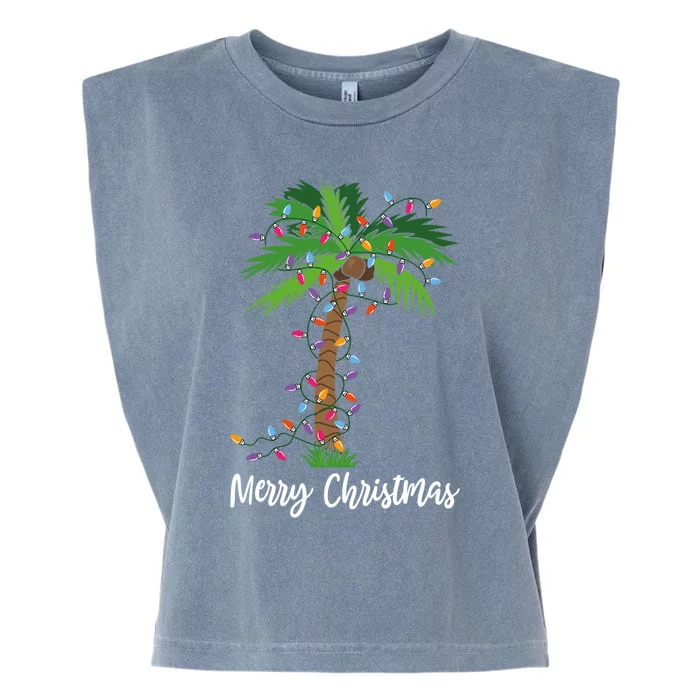 Merry Christmas Lights Palm Tree Beach Xmas Pajama Funny Gift Garment-Dyed Women's Muscle Tee