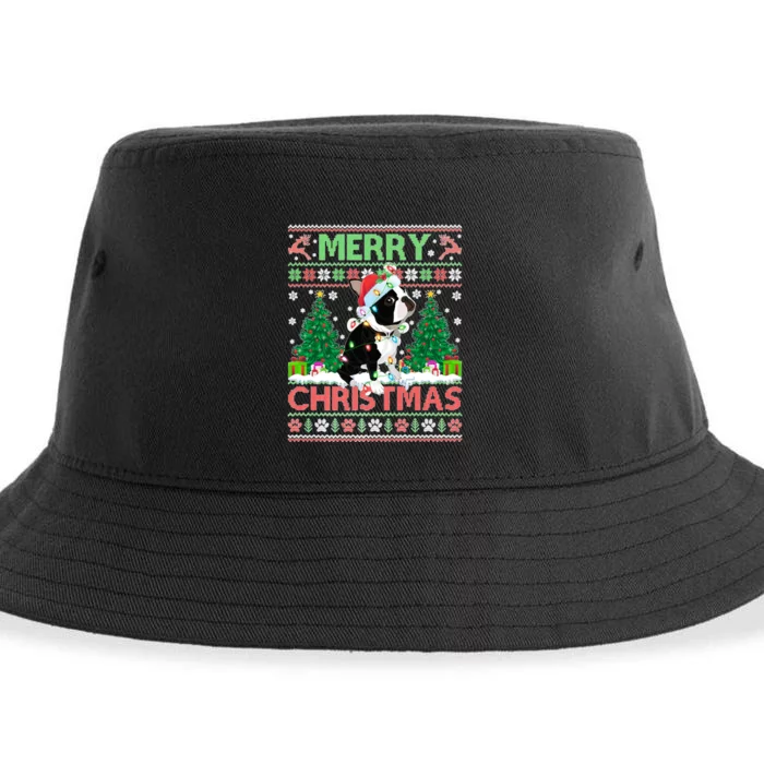 Merry Christmas Lighting Ugly Boston Terrier Christmas Premium Sustainable Bucket Hat