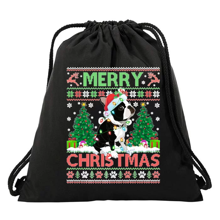 Merry Christmas Lighting Ugly Boston Terrier Christmas Premium Drawstring Bag