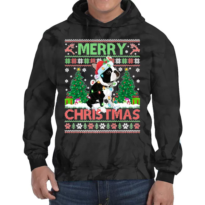 Merry Christmas Lighting Ugly Boston Terrier Christmas Premium Tie Dye Hoodie