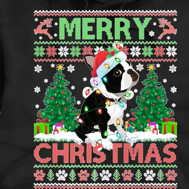 Merry Christmas Lighting Ugly Boston Terrier Christmas Premium Tie Dye Hoodie