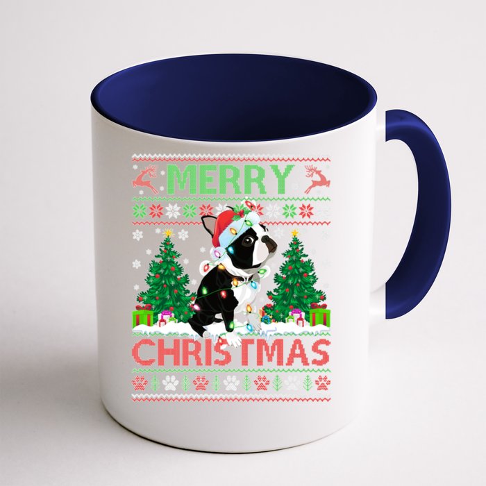 Merry Christmas Lighting Ugly Boston Terrier Christmas Premium Front & Back Coffee Mug