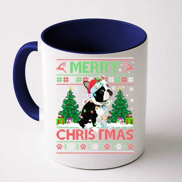 Merry Christmas Lighting Ugly Boston Terrier Christmas Premium Front & Back Coffee Mug